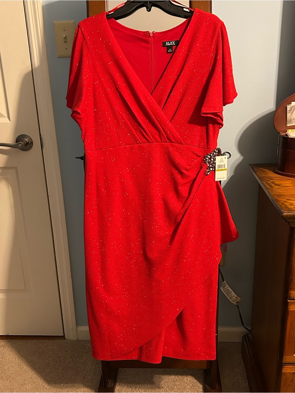 SLNY Elegant Red Sparkle Wrap-Front Evening Dress